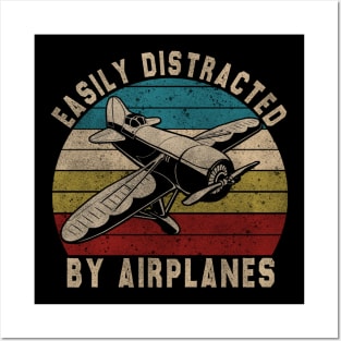 Easily Distracted By Airplanes Retro Airplane Funny Pilot Posters and Art